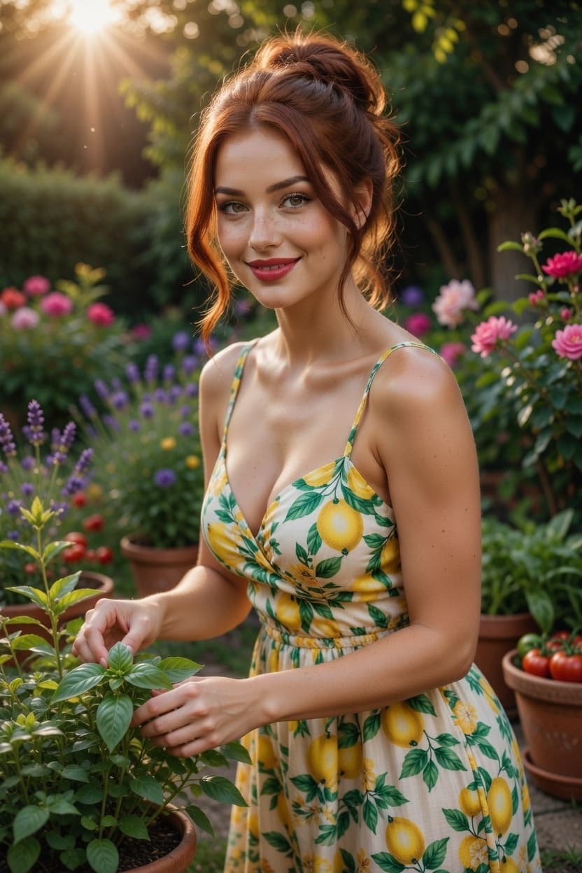 A radiant woman in a lemon-print sundress tends to vibrant flowers in a sunlit garden during golden hour.