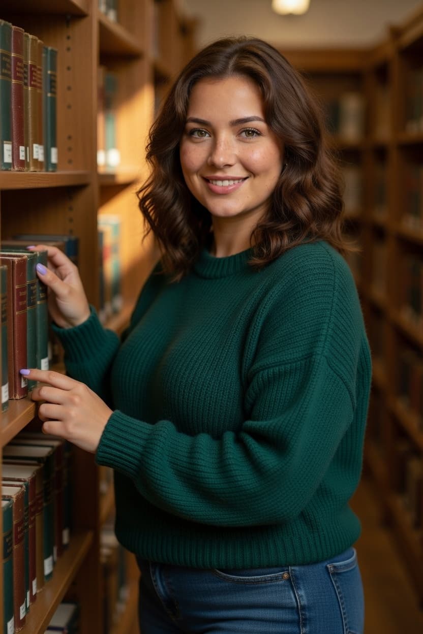 A radiant young woman in an emerald sweater smiles warmly while browsing books in a sunlit library.