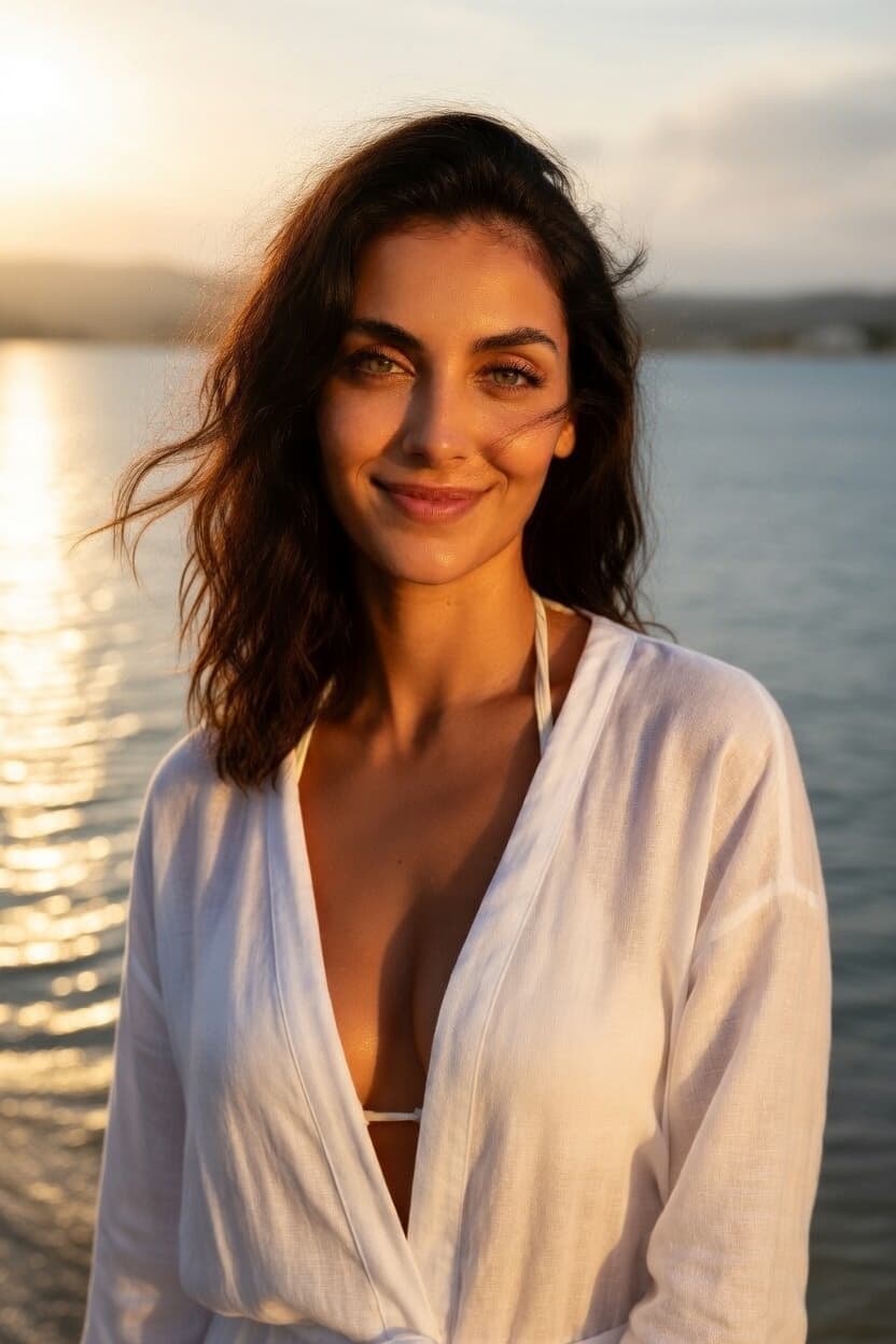 A radiant woman stands by the water at golden hour, her white cover-up gently catching the warm light.
