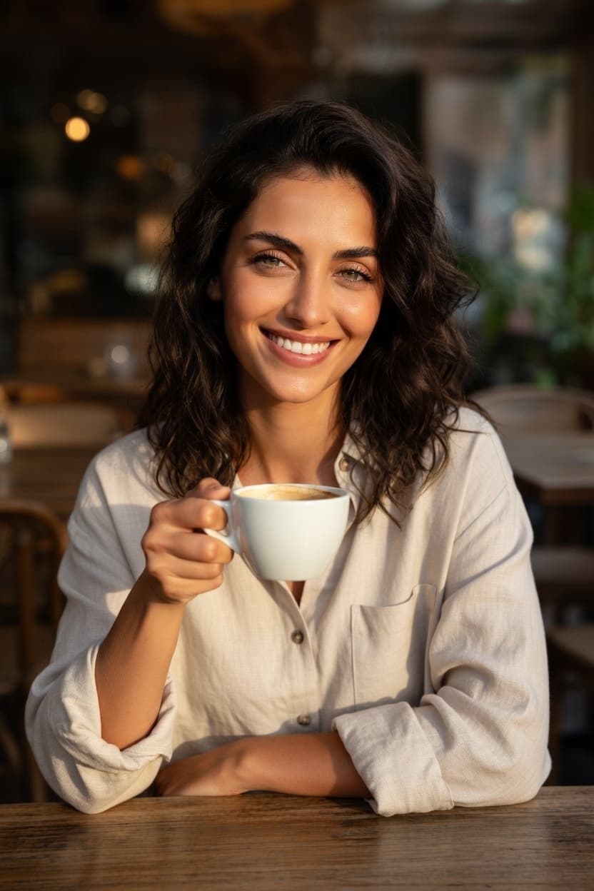 A radiant woman smiles warmly while holding a cup of coffee in a sunlit cafe.