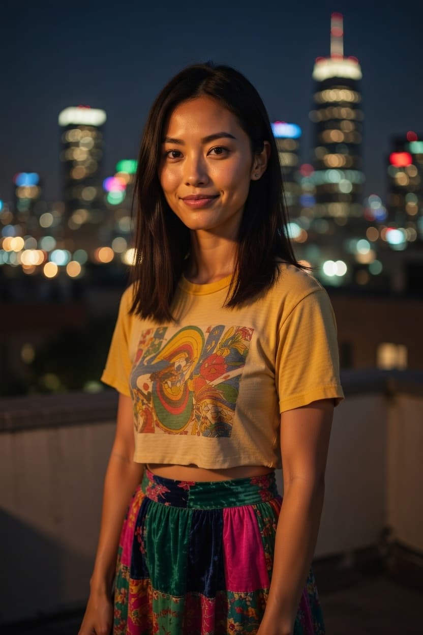 A poised young woman stands on a rooftop overlooking the glowing city skyline at night.