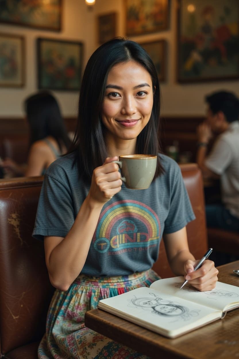 A radiant young woman smiles at the camera while enjoying coffee and sketching in her notebook at a cozy cafe.