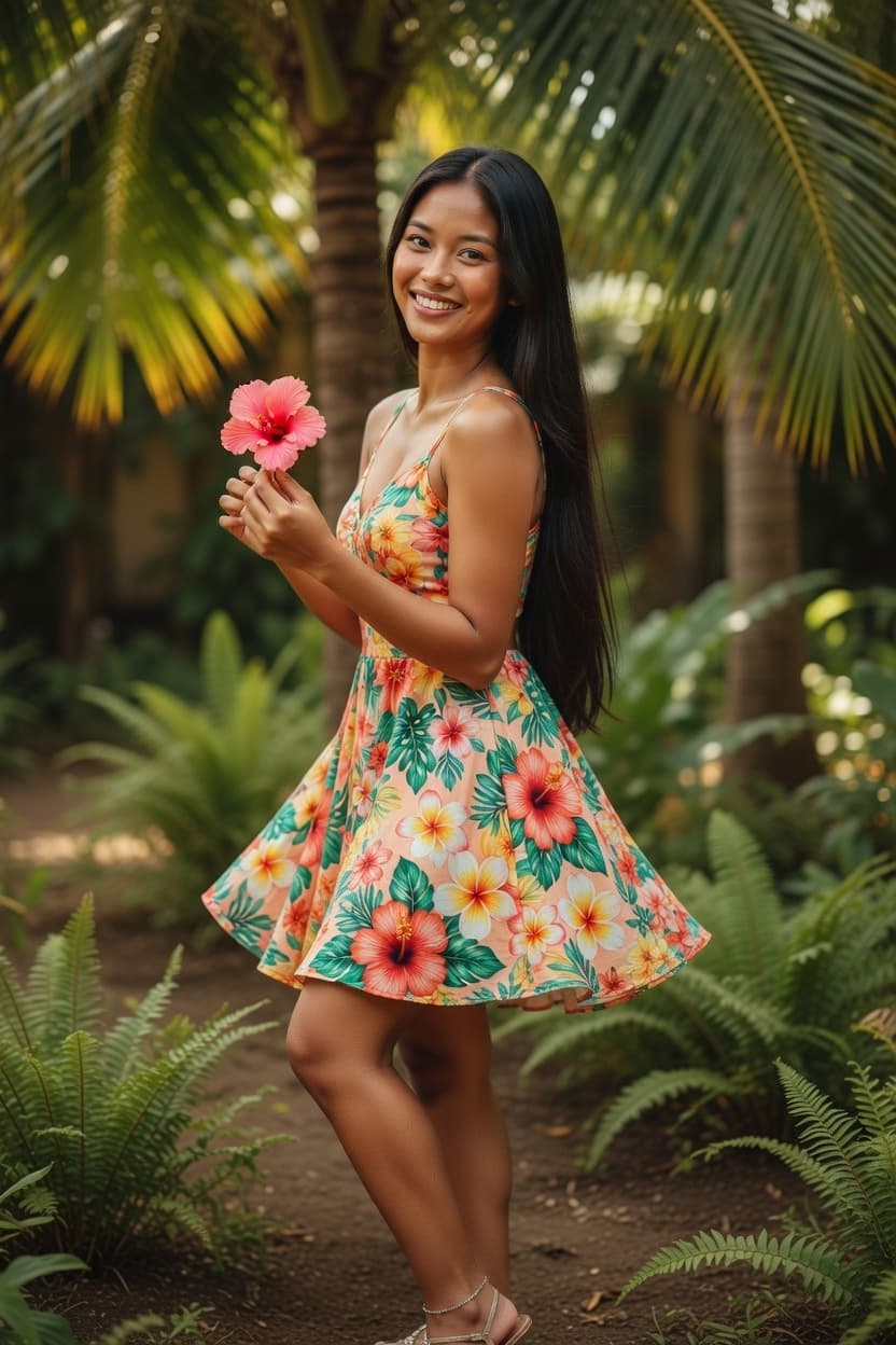 A radiant young woman in a vibrant floral sundress smiles playfully while holding a pink hibiscus in a lush tropical garden.