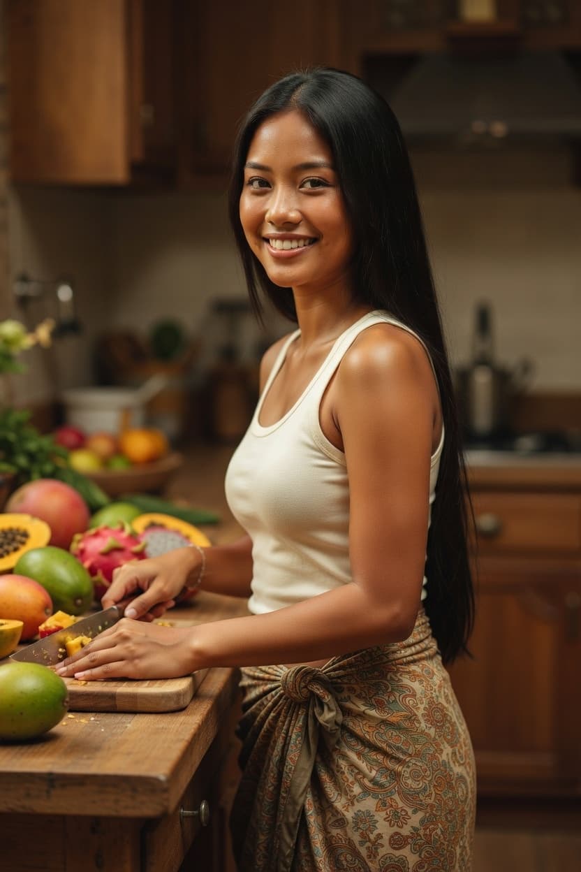 A radiant woman smiles warmly while chopping fresh fruit and vegetables in a sunlit kitchen.
