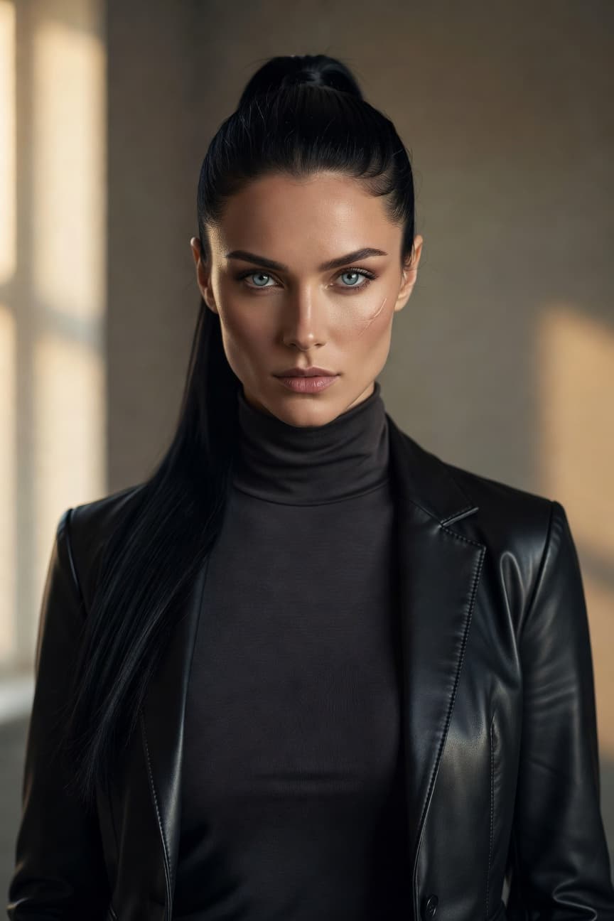 A striking woman with a high ponytail gazes directly at the camera in a sleek black leather jacket and turtleneck.