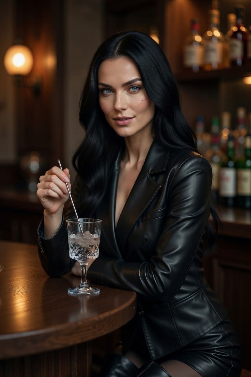 A poised woman in a sleek black leather outfit stirs her cocktail while gazing confidently at the viewer in a dimly lit bar.