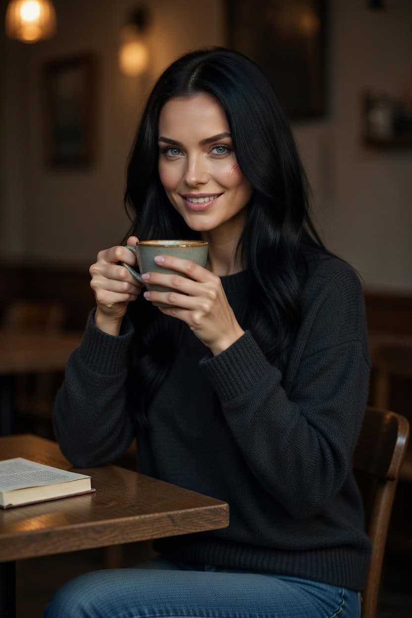 A radiant woman with long dark hair smiles warmly while holding a coffee cup at a wooden cafe table.