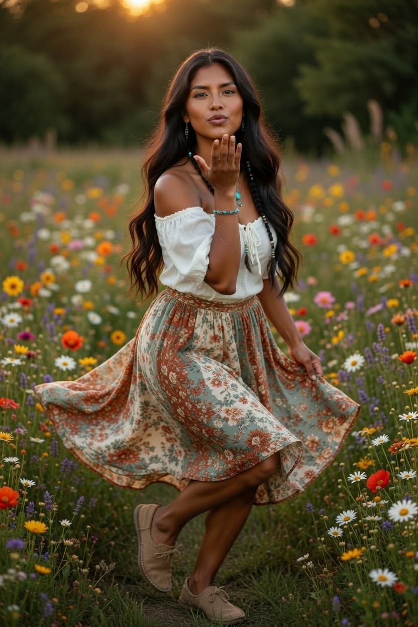 A radiant woman playfully twirls in a vibrant wildflower meadow at golden hour.