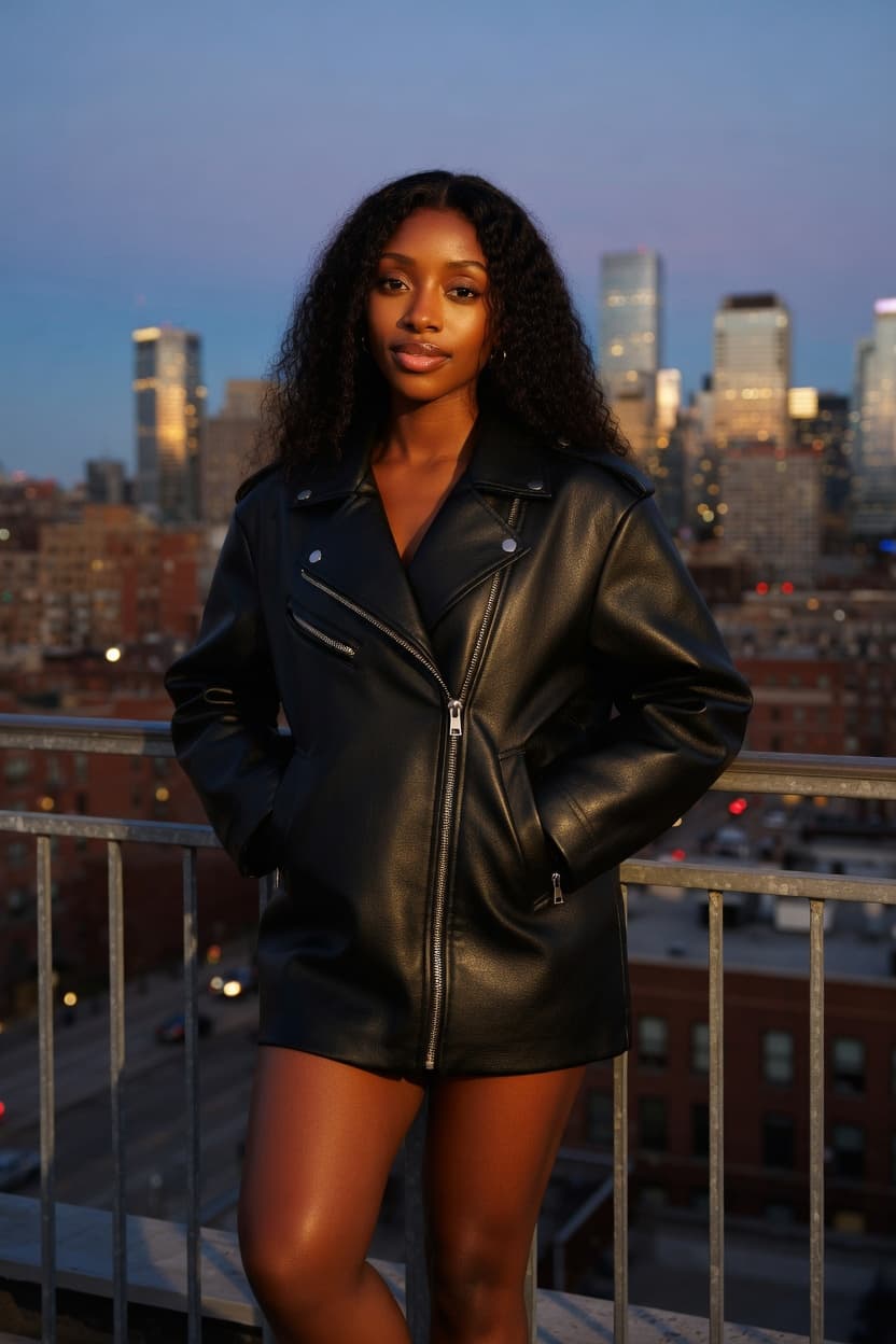 A poised woman in a black leather jacket stands on a city balcony at dusk with the skyline behind her.