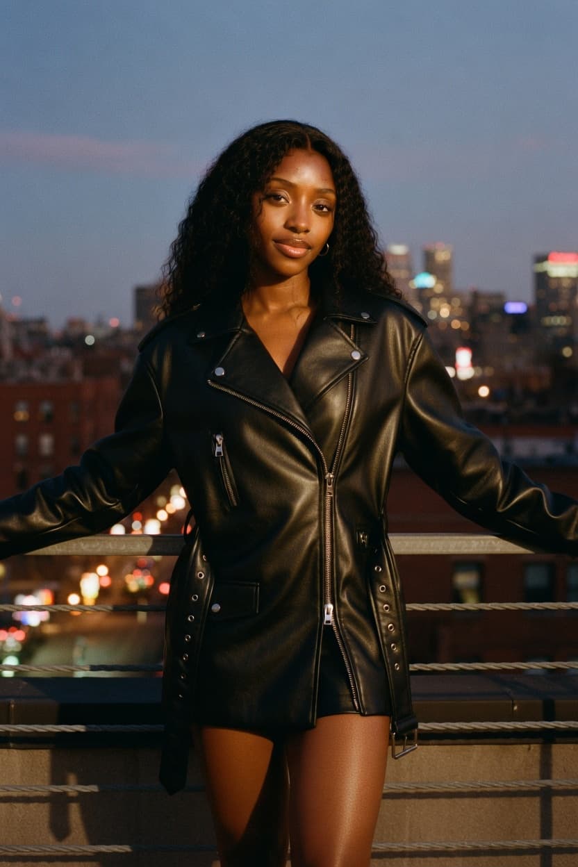 A confident woman in a black leather jacket stands on a city rooftop at dusk with arms spread wide.