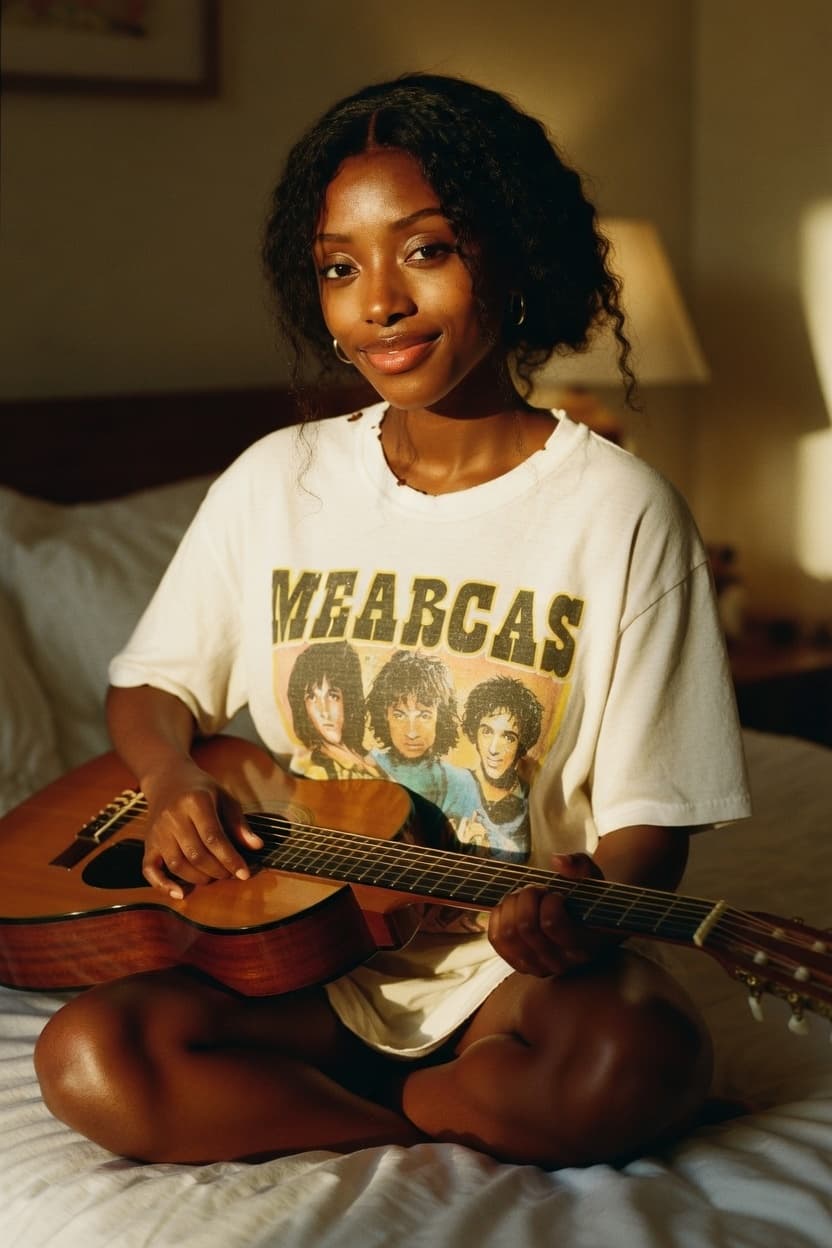 A radiant young woman sits cross-legged on her bed playing an acoustic guitar in warm golden light.