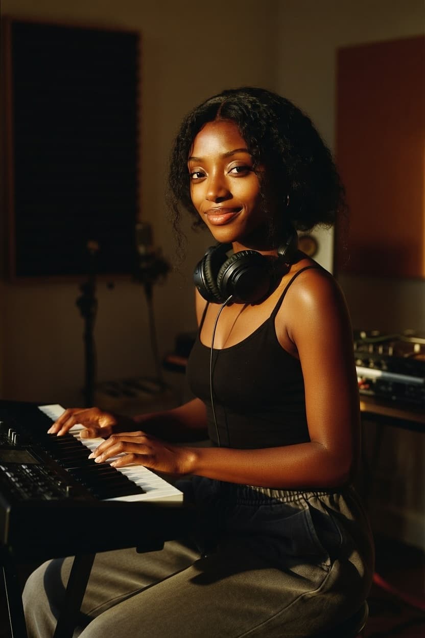 A poised musician plays the keyboard in a warmly lit recording studio.