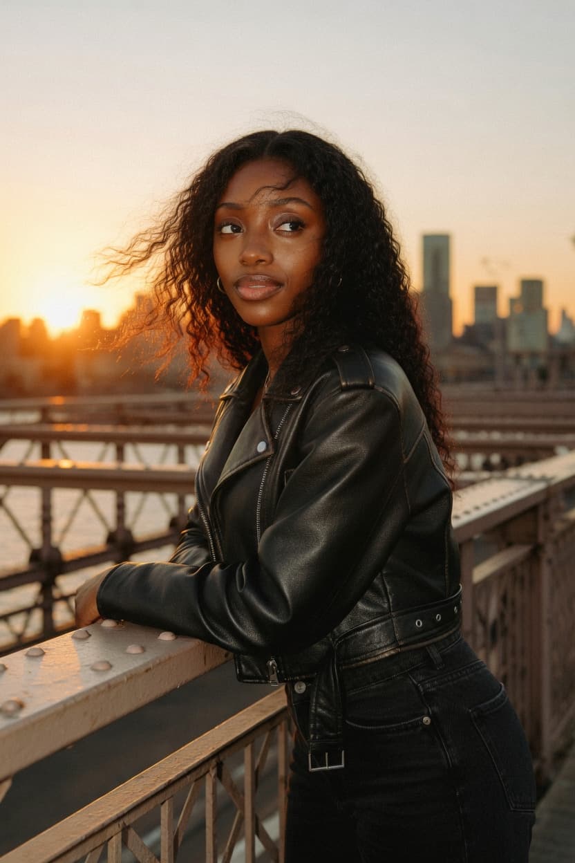 A confident woman in a black leather jacket leans on a railing at golden hour with a city skyline behind her.