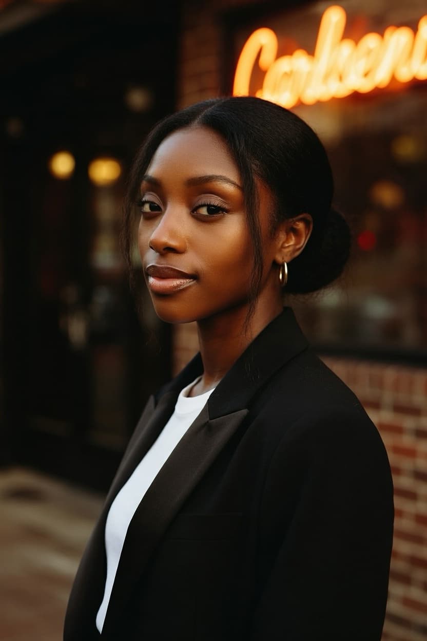 A poised woman in a black blazer stands on a city street at night with a neon sign glowing behind her.