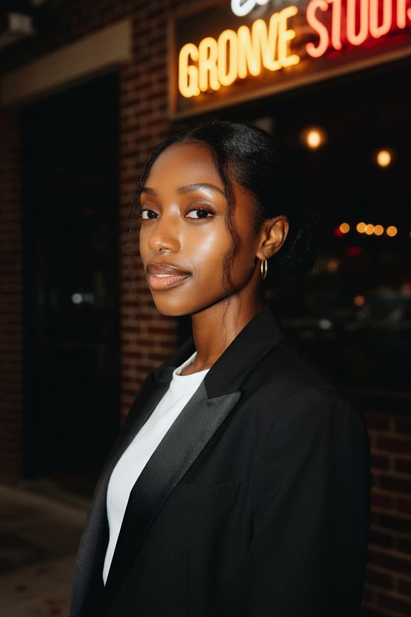 A poised woman in a tailored black blazer stands confidently on a city street at night with glowing neon signage behind her.