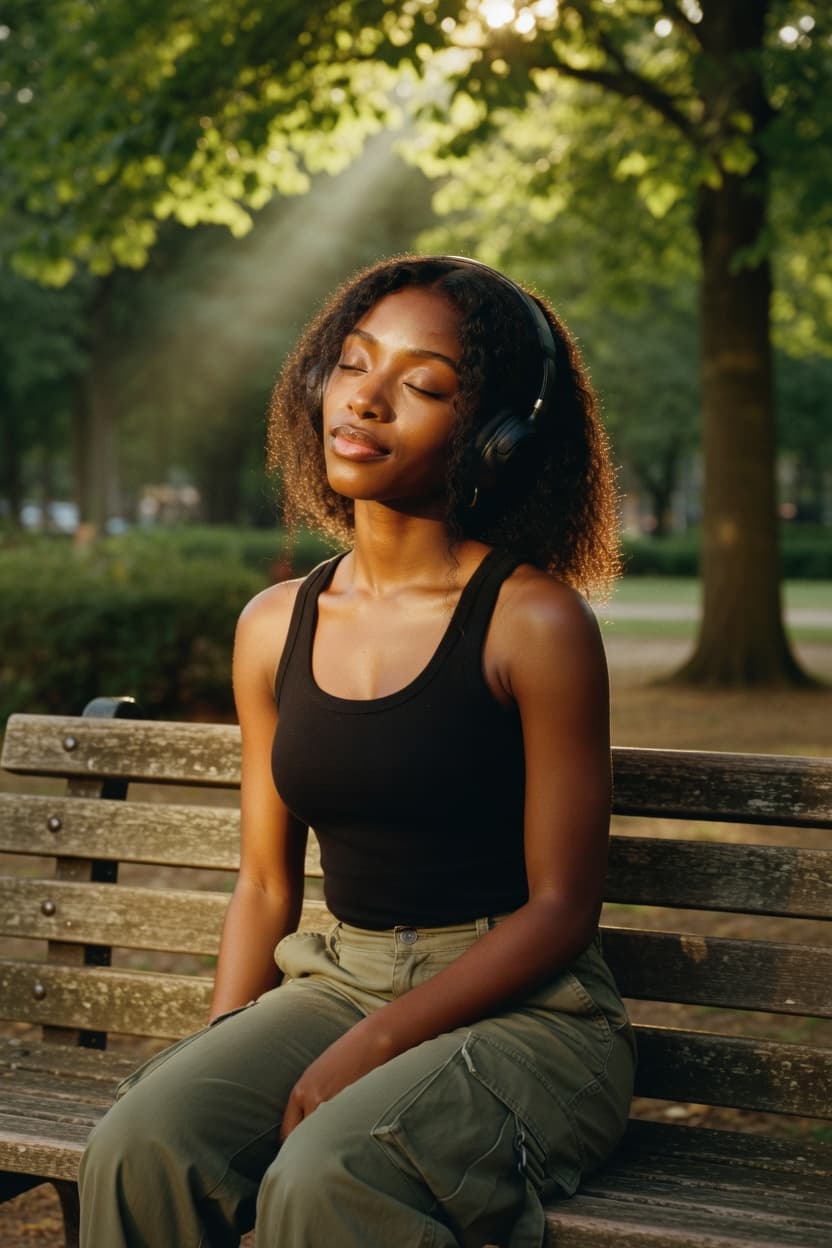 A woman sits peacefully on a park bench wearing headphones during golden hour.