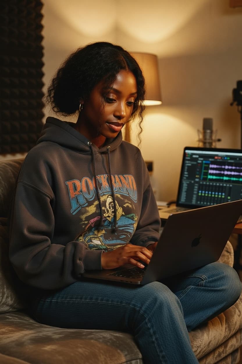A focused young woman works intently on her laptop in a cozy evening home office.