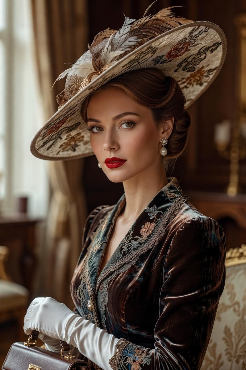Elegant woman in a vintage-inspired velvet jacket and ornate feathered hat poses with poised confidence.