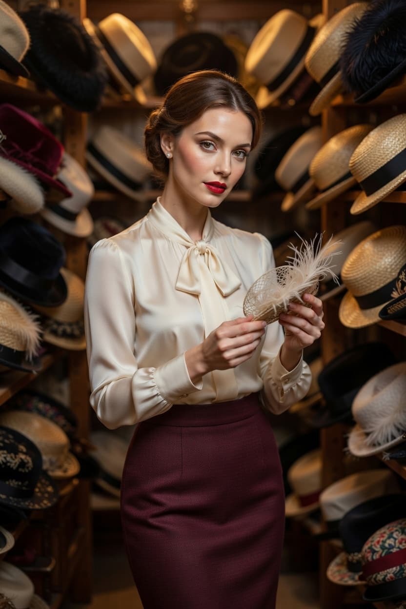 Elegant woman in a boutique holding a delicate feathered fascinator amid shelves of vintage hats.