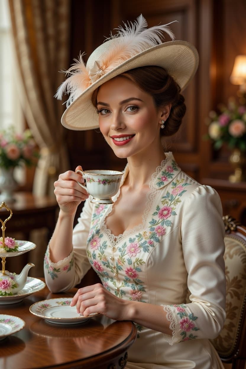 Elegant woman in a floral dress and feathered hat enjoys afternoon tea at a charming cafe.