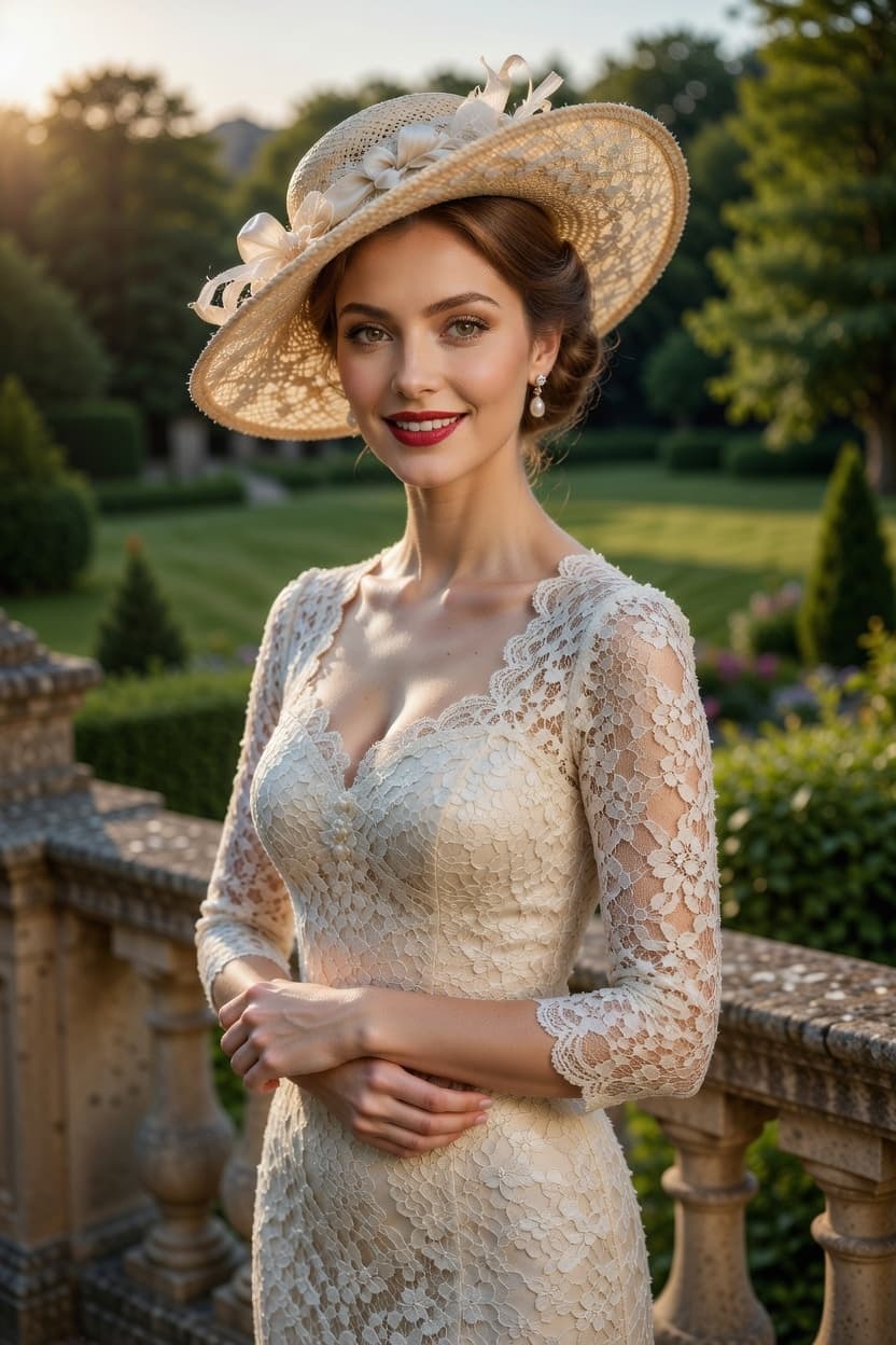 A radiant woman in an elegant cream lace dress and wide-brimmed hat poses gracefully in a manicured garden at golden hour.