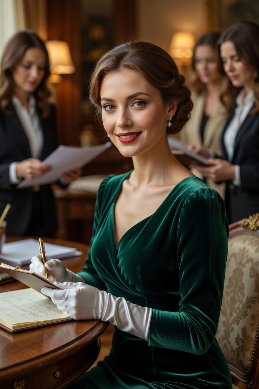 Elegant woman in emerald velvet dress and white gloves writes at a polished wooden table.