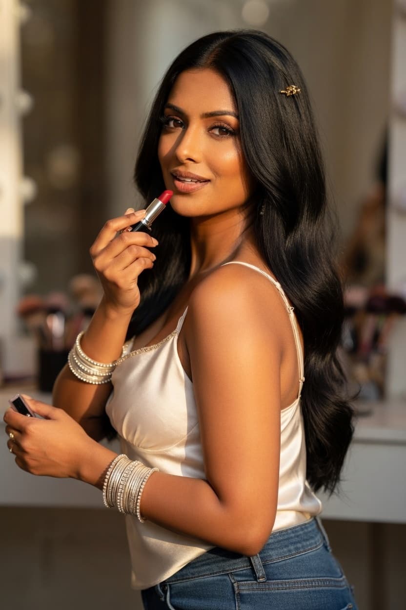 A poised woman applies vibrant red lipstick while gazing confidently at the viewer.