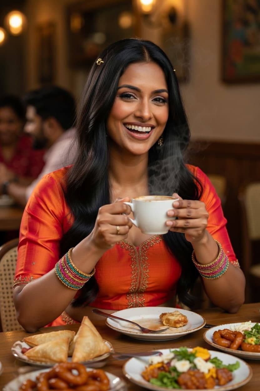A radiant woman in an orange silk blouse smiles while holding a steaming cup of coffee at a table filled with Indian appetizers.