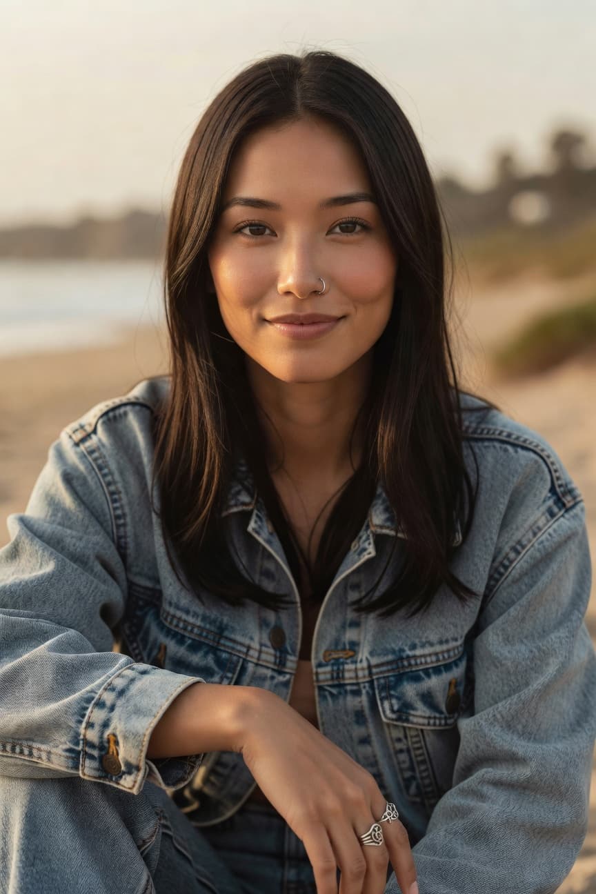 A woman in a denim jacket sits on the beach during golden hour, gazing softly at the camera.