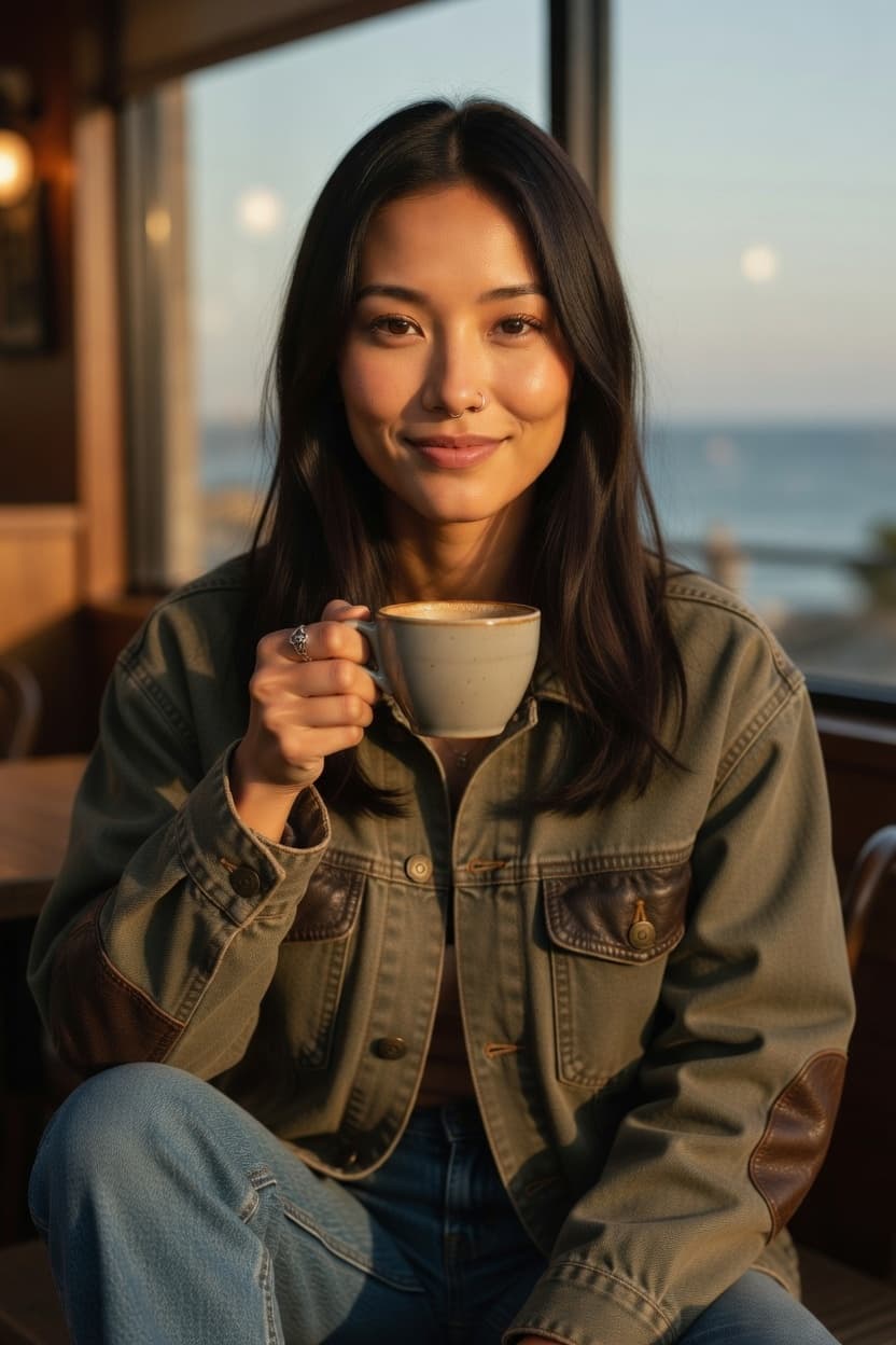 A woman in a green jacket enjoys her morning coffee while gazing at the ocean view.