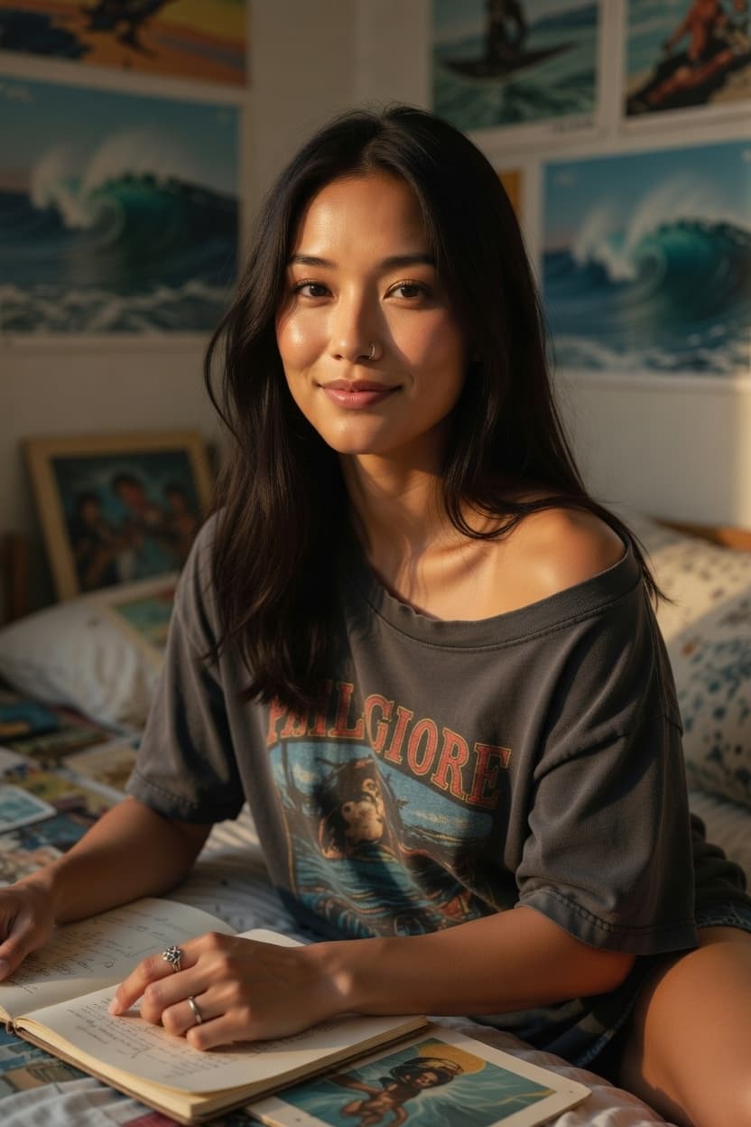 A young woman sits relaxed in her bedroom reading a book with a gentle smile.