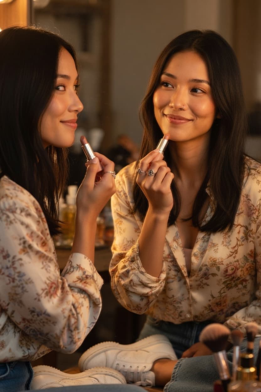 Two friends share a playful moment applying lipstick together in warm evening light.