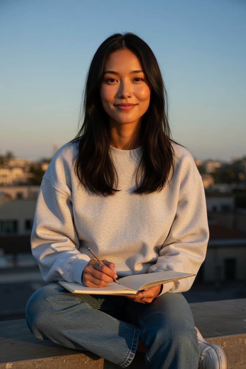 A young woman sits on a rooftop ledge at golden hour, peacefully writing in her notebook with a gentle smile.