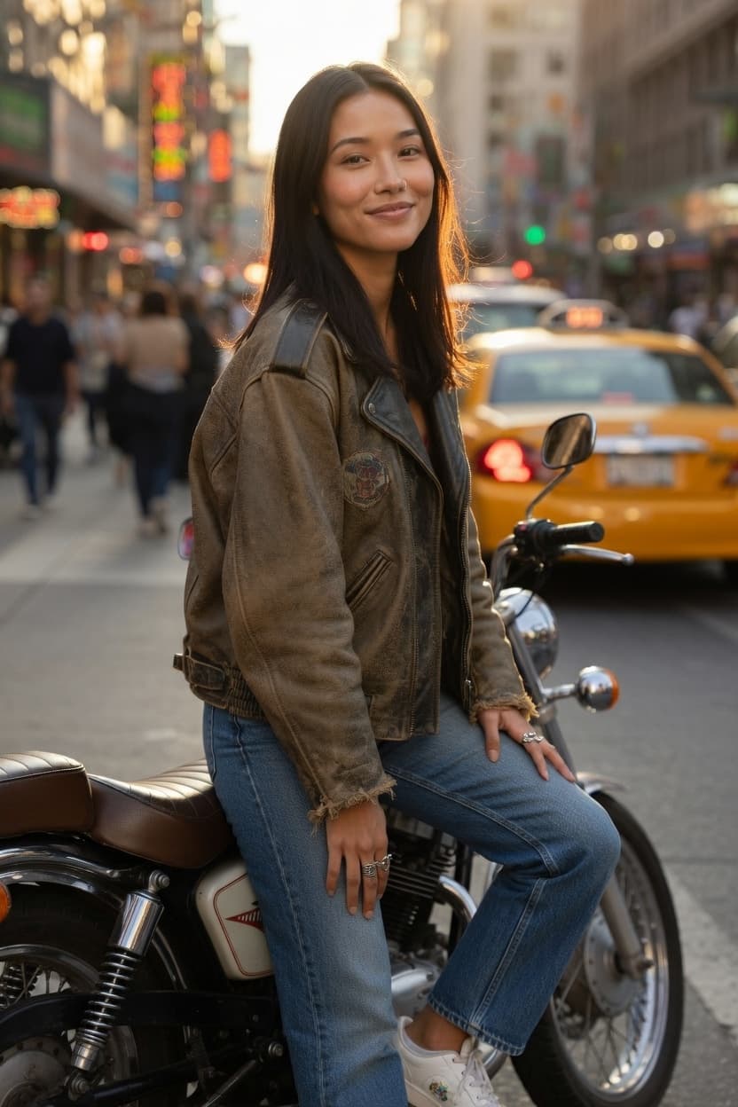 A confident young woman sits on a motorcycle in a bustling city street at golden hour.