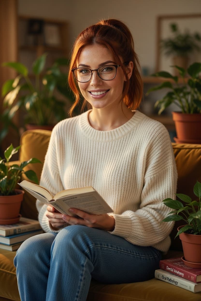 A radiant woman with glasses smiles while reading a book on a sunny couch surrounded by houseplants.