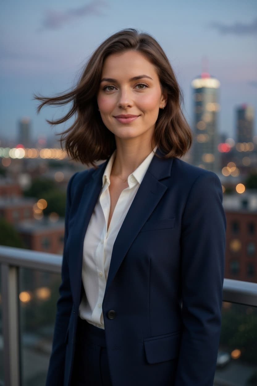 A poised woman in a navy blazer stands on a city balcony at dusk with the skyline glowing behind her.