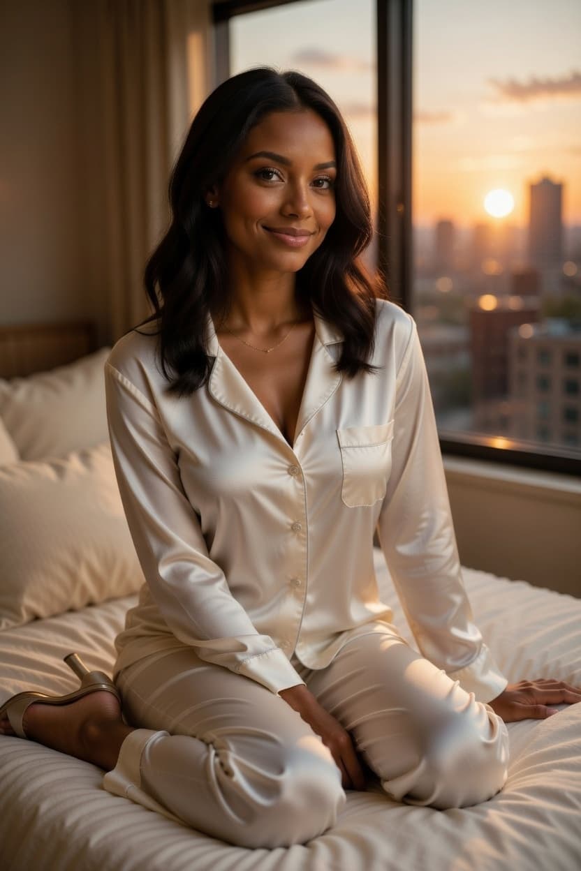 A woman in white satin pajamas sits poised on a bed, gazing at the camera with a gentle smile as golden sunset light fills the room.