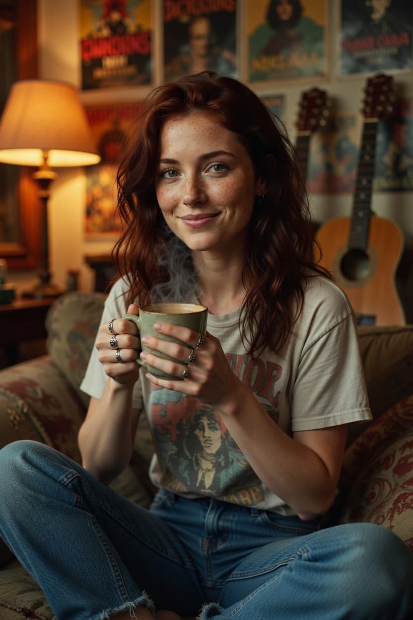 A serene redhead relaxes on the couch with a steaming mug of coffee.