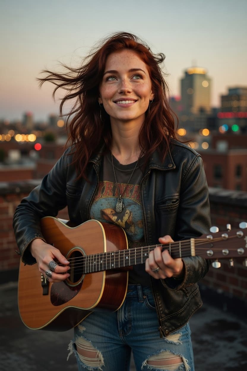 A radiant woman smiles while playing acoustic guitar on a city rooftop at golden hour.