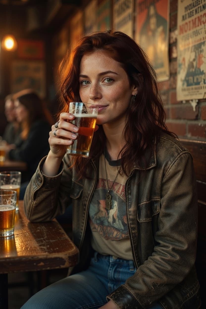 A playful redhead raises her glass with a coy smile while seated at a cozy bar.