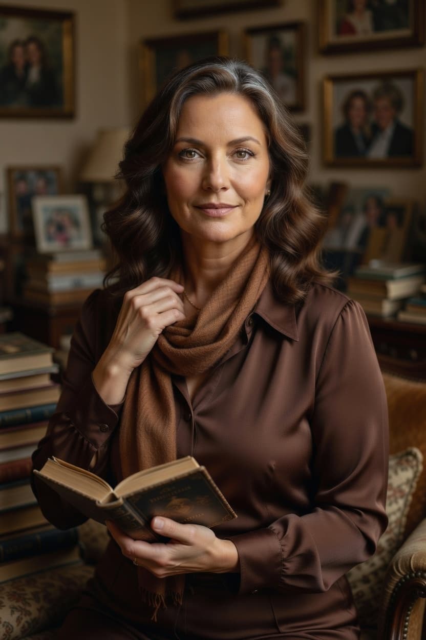 A poised woman sits comfortably with an open book in a cozy, book-filled room.