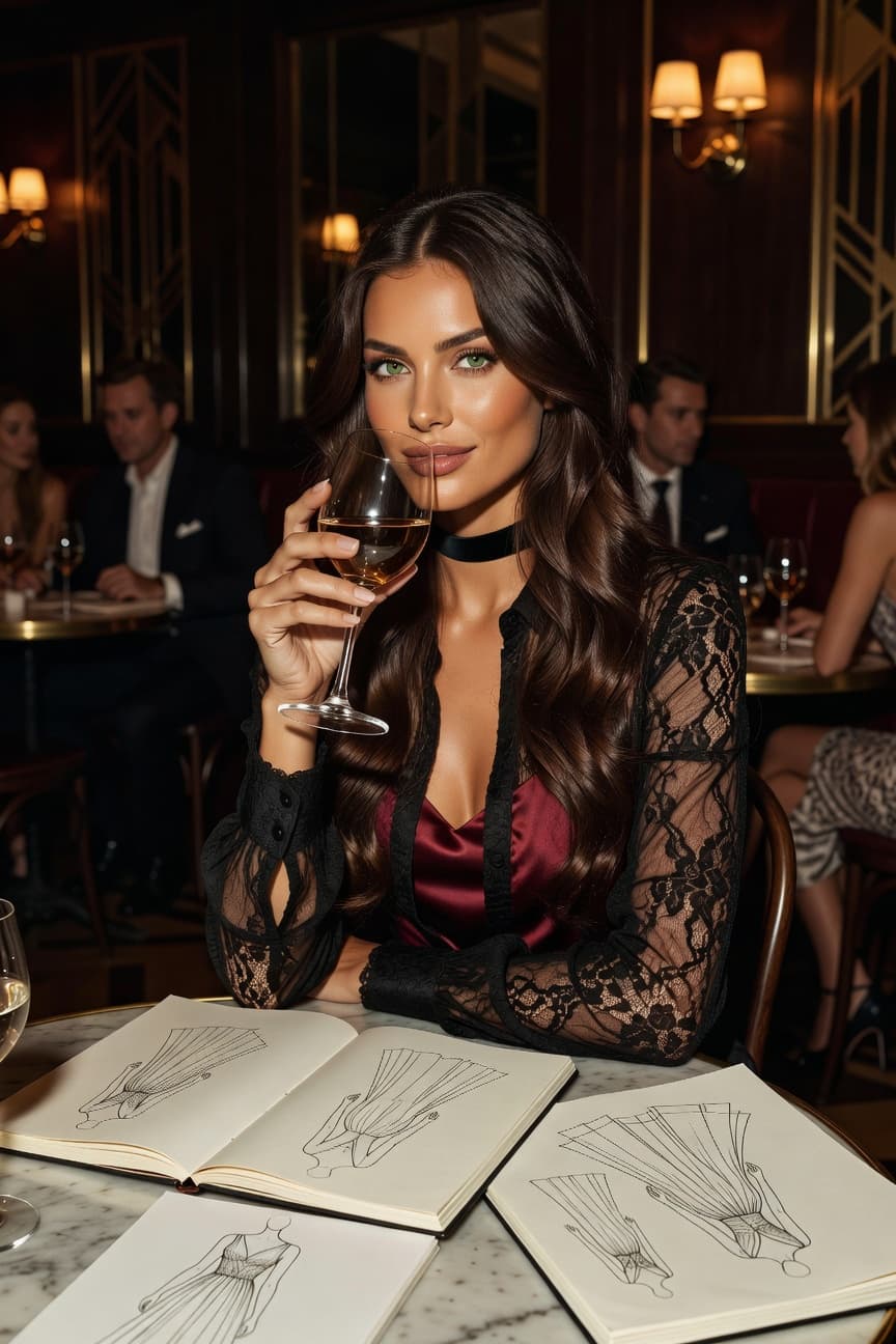 Elegant woman with long dark hair enjoys a glass of wine while reviewing fashion sketches at a sophisticated restaurant.