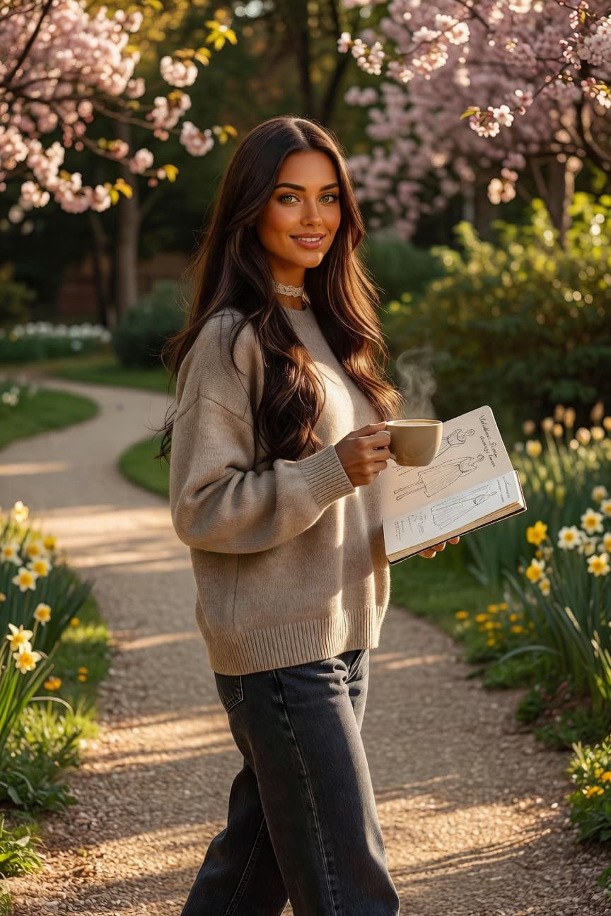 A woman strolls along a garden path lined with blooming flowers and cherry blossoms, holding a steaming mug and an open book.