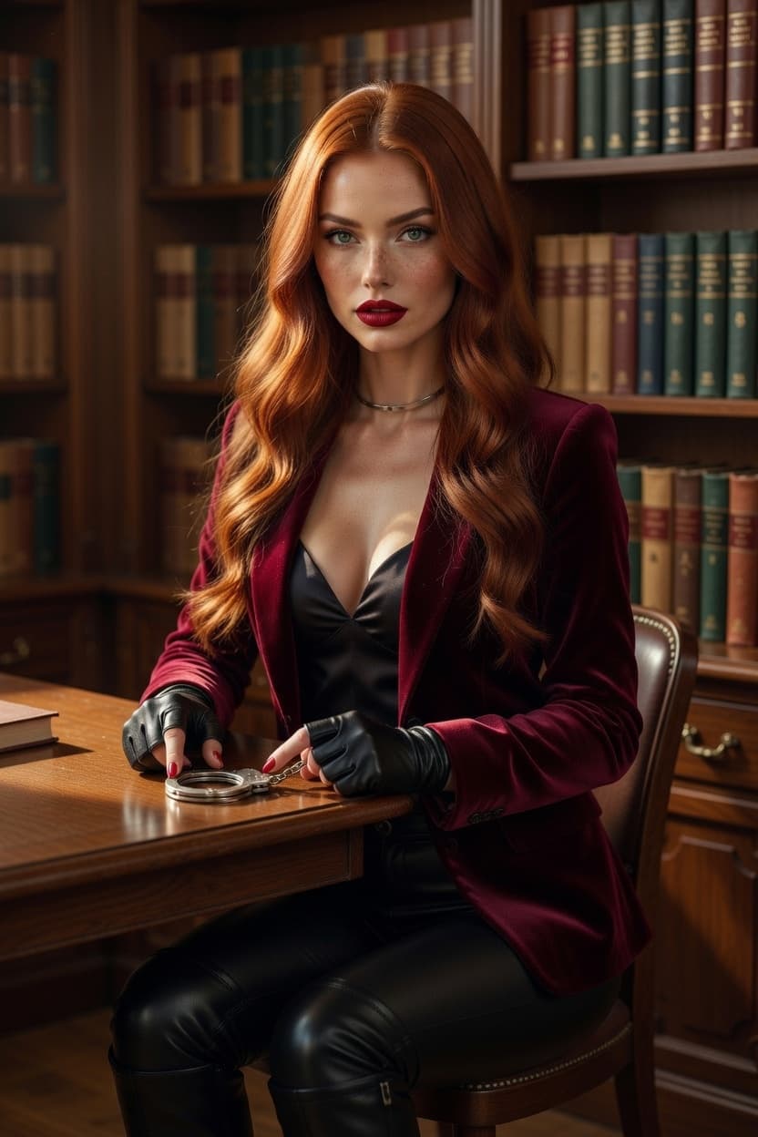 A poised redhead in a velvet blazer sits confidently at a library desk surrounded by towering bookshelves.
