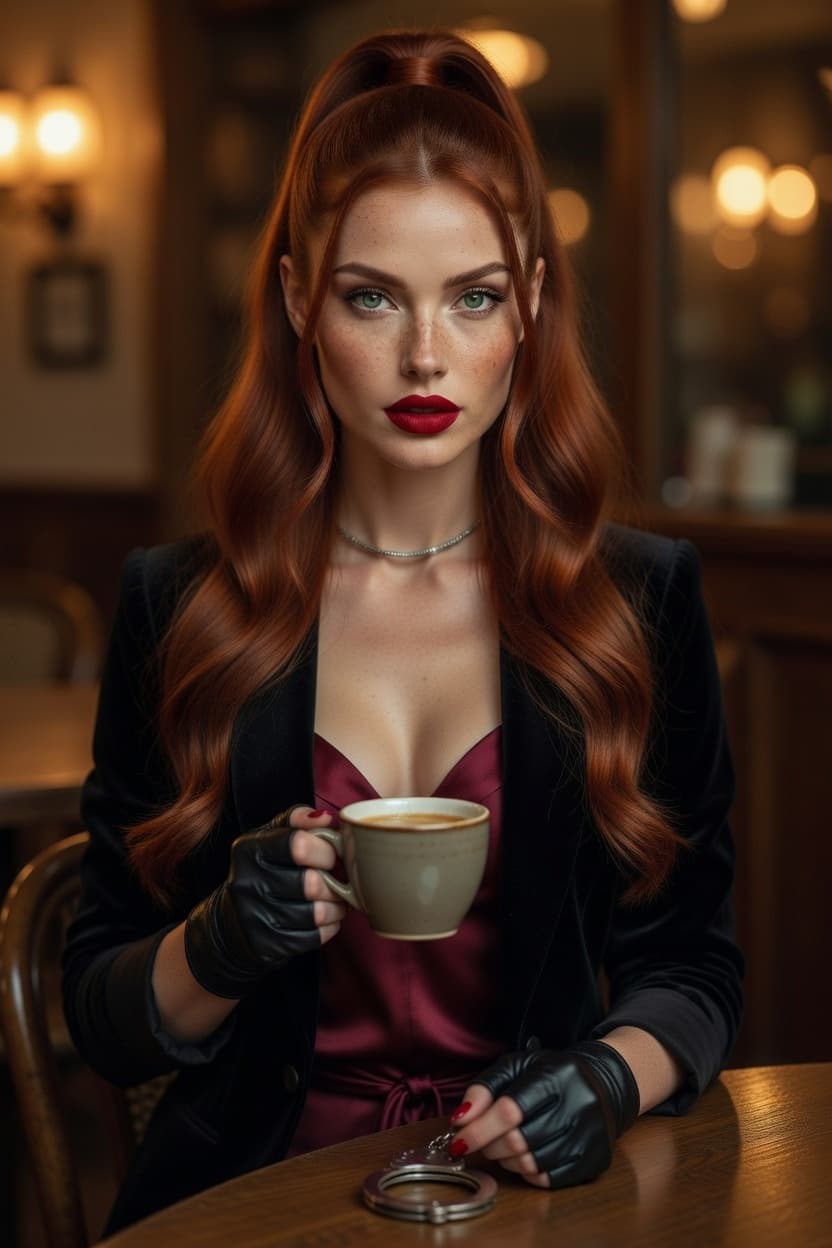 A poised redhead with striking eyes enjoys her coffee at a warmly lit cafe table.