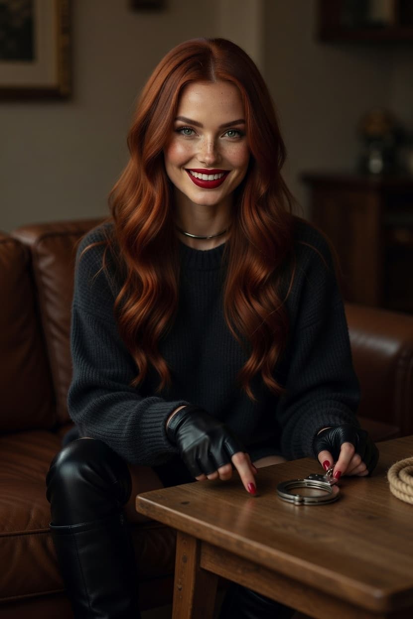A radiant redhead with a warm smile sits confidently on a leather couch in a cozy living room.