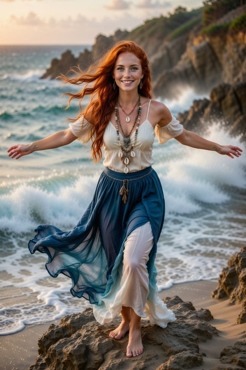 A radiant woman with flowing red hair twirls playfully on the rocky shoreline as ocean waves crash behind her during golden hour.