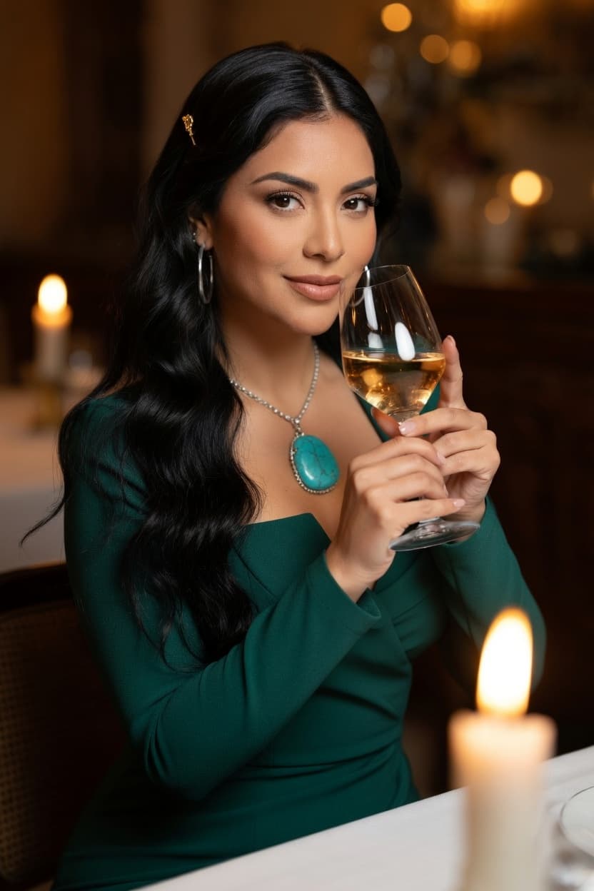 Elegant woman in emerald dress holding a glass of white wine by candlelight.