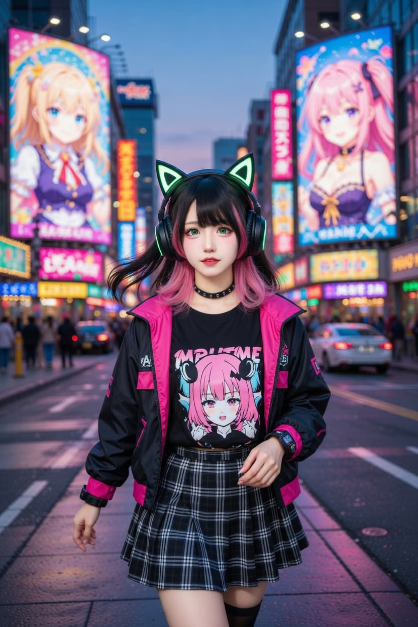 Confident young woman in anime-inspired streetwear poses on a vibrant neon-lit city street at dusk.