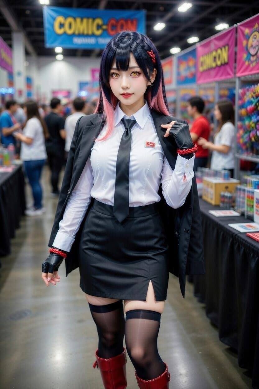 Confident cosplayer in striking anime-inspired uniform poses at a bustling comic convention.